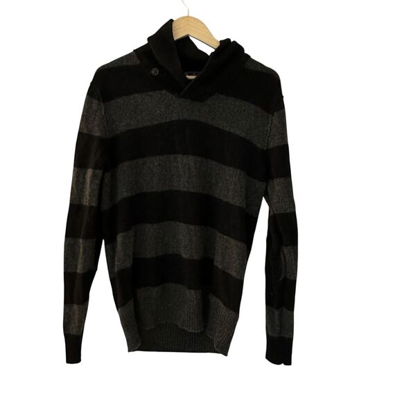 J. Crew Re-imagined Black and Grey Striped 100% Lambs Wool Pullover Sweater M - Picture 1 of 7